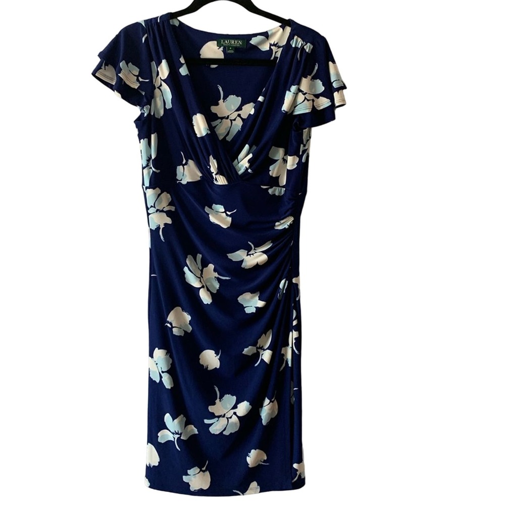 Lauren Ralph Lauren Blue White Floral V-Neck Side Gather Faux Wrap Dress Sz 6